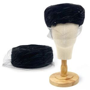Vintage 1950s Coralie Feathered Pillbox Hat Black Velour with Veil & Rhinestones